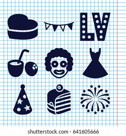 Set of 9 party filled icons such as vegas, dress, piece of cake, heart cake, party flag, fireworks, party hat, drink coconut