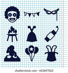 Set of 9 party filled icons such as dress, party flag, firework, mask, balloon, bbq, magic hat, clown