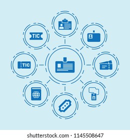 Set of 9 pass filled icons such as badge, ticket, passport