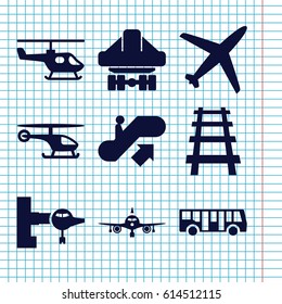 Set of 9 passenger filled icons such as airport bus, escalator up, jetway, plane, railway, cargo plane back view