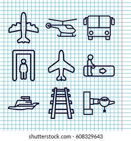 Set of 9 passenger outline icons such as plane, airport bus, metal gate detector, escalator, jetway, helicopter, railway