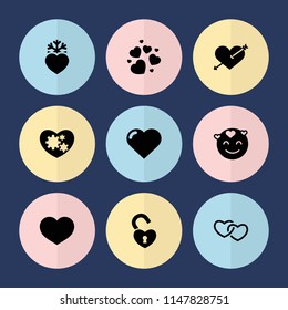 Set of 9 passion filled icons such as heart, heart with arrow