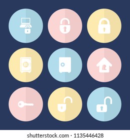 Set of 9 password filled icons such as lock, key, lock home, safe, open lock, safe