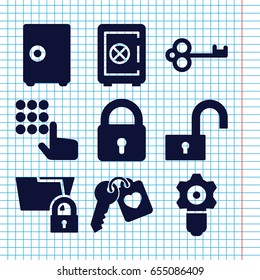 Set of 9 password filled icons such as lock, safe, heart key, gear keyhole, key, safe, hand on atm