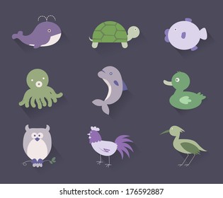 Set of  9 pastel animal flat icons. Livestock, Marine Creatures, Birds. 
