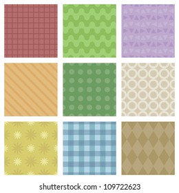 A set of 9 pastel colored seamless patterns. Eps 10 Vector.