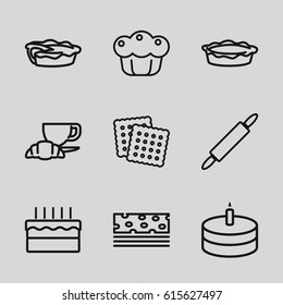 set of 9 pastry outline icons such as cookies, coffee and croissant, pie, cake, dough pin