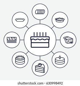 set of 9 pastry outline icons such as pie, cake, cookie