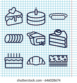 Set of 9 pastry outline icons such as croissant, pie, cake slice, cake, cookie