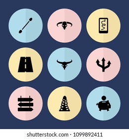 Set of 9 path filled icons such as direction   isolated, bull skull, tunnel, cotton buds, piggy bank, arrow, route and phone