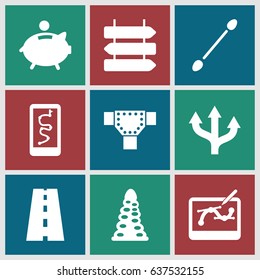 set of 9 path filled icons such as direction   isolated, tunnel, road, cotton buds, piggy bank, pen tool on tablet, arrow