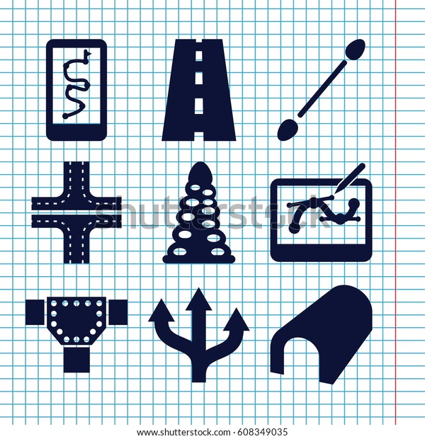 Set of 9 path filled icons such as\
tunnel, road, cotton buds, pen tool on tablet,\
arrow