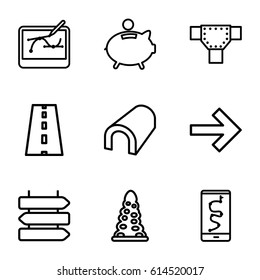 Set of 9 path outline icons such as direction   isolated, tunnel, road, piggy bank, pen tool on tablet, forward