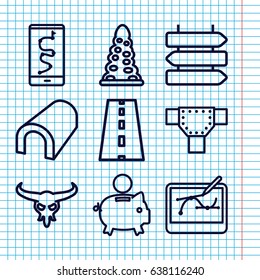 Set of 9 path outline icons such as direction   isolated, bull skull, tunnel, road, pen tool on tablet, piggy bank