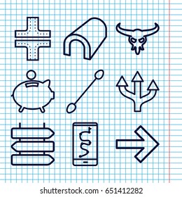 Set of 9 path outline icons such as direction   isolated, bull skull, tunnel, road, cotton buds, piggy bank, arrow, forward