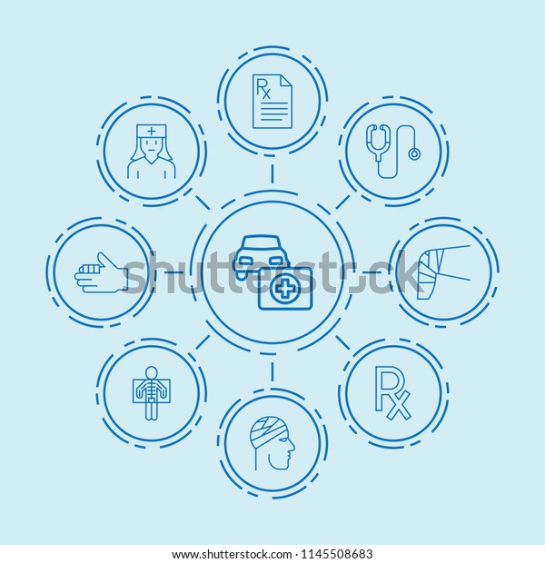 Set
of 9 patient outline icons such as car first aid kit, stethoscope,
nurse, bandaged finger, x ray, x ray, bandaged
head