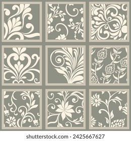 Set of 9 pattern. Green and beige. Geometric background.