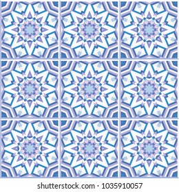 Set of 9 patterned floor tiles. Abstract geometric background. Vector illustration, seamless pattern. Portuguese floor tiles design. Floor cement tiles collection, pale pink, purple and blue colors.