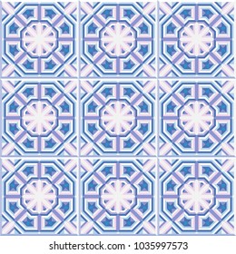 Set of 9 patterned floor tiles. Abstract geometric background. Vector illustration, seamless pattern. Portuguese floor tiles design. Floor cement tiles collection, pale pink, purple and blue colors.