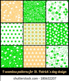 Set of 9 patterns in green, white and orange for St.Patrick's day design, 8 with clovers and 1 checked