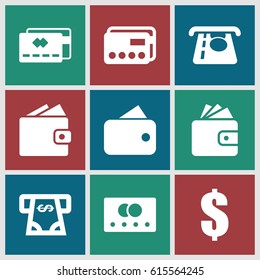 set of 9 pay filled icons such as credit card, ATM money withdraw, Wallet, dollar