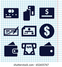 Set of 9 pay filled icons such as wallet, credit card, atm money withdraw, money, creadit card payment, check