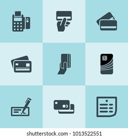 Set of 9 paying filled icons such as credit card, credit card payment, pos terminal, bill, cheque