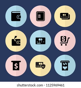 Set of 9 payment filled icons such as atm, credit card, wallet, money in atm, dollar, wallet