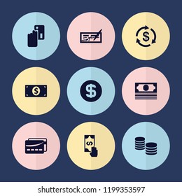 Set of 9 payment filled icons such as money, money, credit card payment, card, money dollar, dollar coin, check