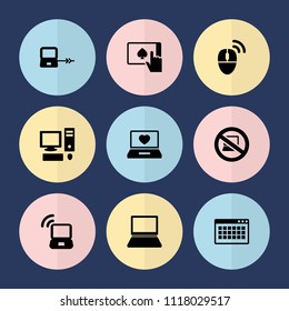 Set of 9 pc filled icons such as laptop connection, laptop with heart, computer mouse, pc, finger on tablet