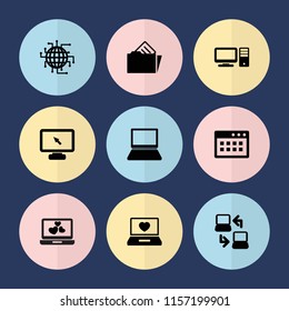 Set of 9 pc filled icons such as laptop with heart, browser window, document in folder, laptop connection, cpu planet, display, laptop