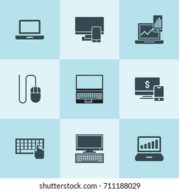 Set of 9 pc filled icons such as graph on laptop display, pc, keyboard, laptop, pc, laptop and phone