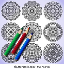 Set 9 pcs Mandala. Ethnic decorative elements. Hand drawn background. Islam, Arabic, Indian, ottoman motifs. Pencils for coloring