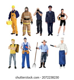 Set of 9 pcs people of different professions on a white background - Vector illustration