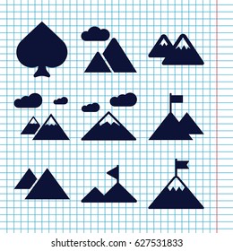 Set of 9 peak filled icons such as Spades, mountain