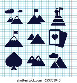 Set of 9 peak filled icons such as spades, mountain, man at the top of the mountain with flag