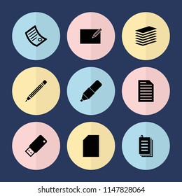Set of 9 pen filled icons such as paper, usb drive, document, pen, paper and pen