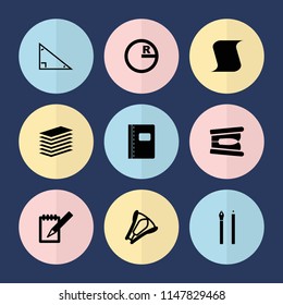 Set of 9 pencil filled icons such as pen, circle, notebook, stapler, triangle