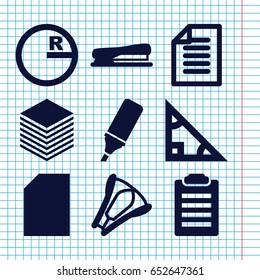 Set of 9 pencil filled icons such as highlighter, stapler, paper, triangle, circle