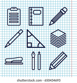 Set of 9 pencil outline icons such as pencil, pen, notebook, stapler, paper, triangle
