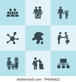 Set of 9 people filled icons such as businessman handshake, garbage, woman with garbage, social network, family, farher and daughter, structure