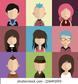 Set of  9 people icons in flat style with faces. Vector women, men character