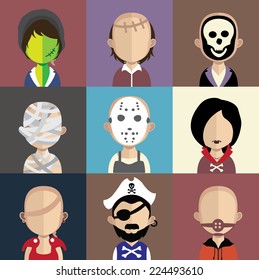 Set of  9 people icons in flat style with faces. Vector women, men character