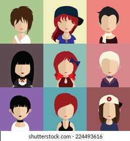 Set of  9 people icons in flat style with faces. Vector women, men character