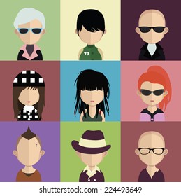 Set of  9 people icons in flat style with faces. Vector women, men character