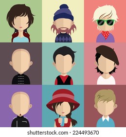 Set of  9 people icons in flat style with faces. Vector women, men character