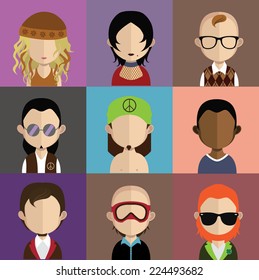 Set of  9 people icons in flat style with faces. Vector women, men character