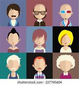 Set of 9 people icons in flat style with faces. Vector women, men character