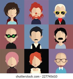 Set of 9 people icons in flat style with faces. Vector women, men character