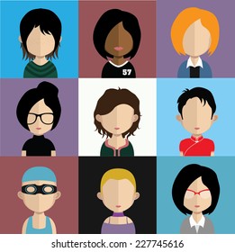 Set of 9 people icons in flat style with faces. Vector women, men character